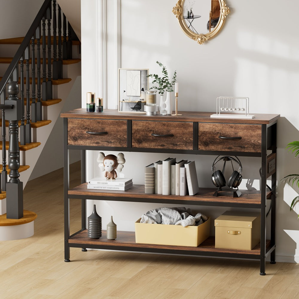 3-Tier Fabric Console Table with Charging Station for Work, Display, and Everyday Use detail image