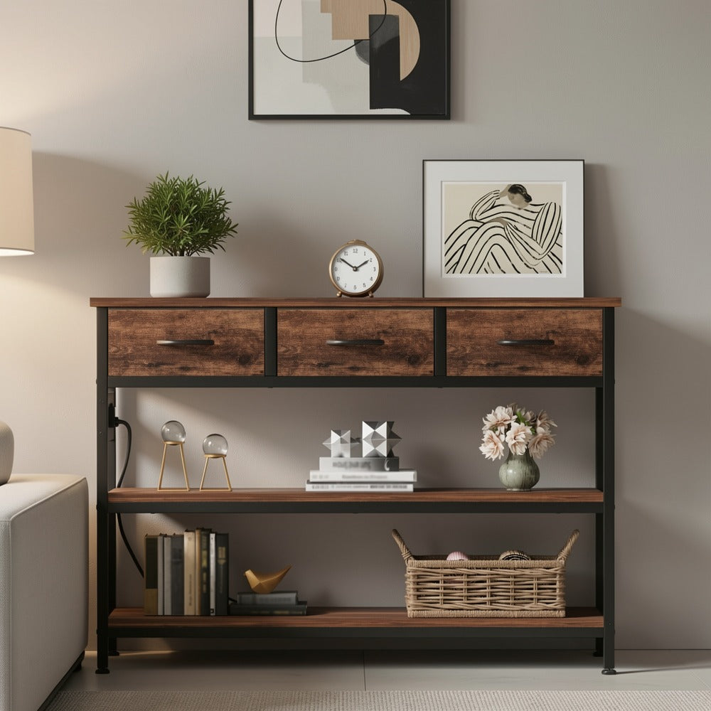 3-Tier Fabric Console Table with Charging Station for Work, Display, and Everyday Use detail image - detail view 9