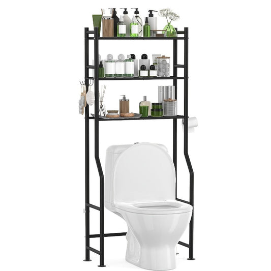 Over the Toilet Storage Shelf, 3-Tier Metal Organizer with 4 Hooks, Freestanding No-Drill shown in the main product view