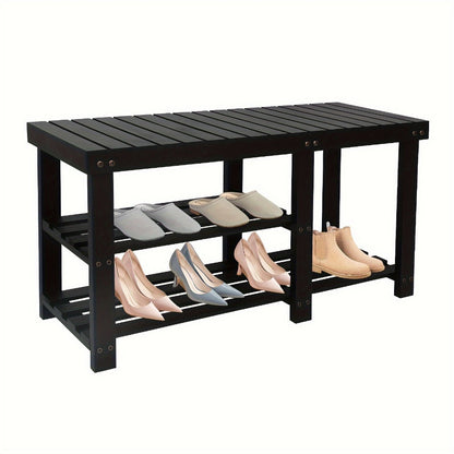 3-Tier Freestanding Shoe Bench with Solid Wood Construction and Open Shelves for Entryway detail image