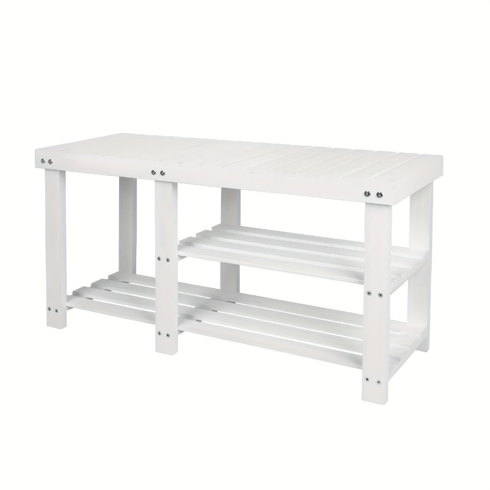 3-Tier Freestanding Shoe Bench with Solid Wood Construction and Open Shelves for Entryway detail image - detail view 3