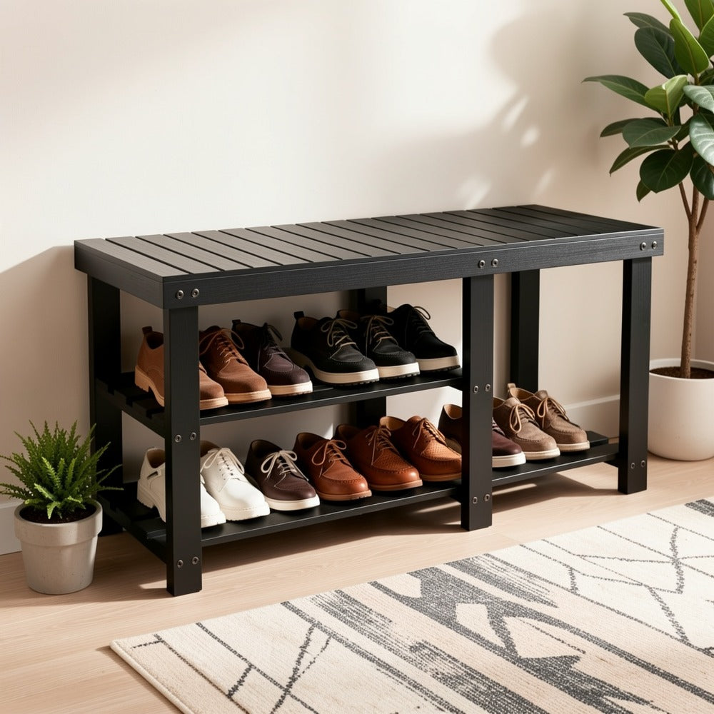 3-Tier Freestanding Shoe Bench with Solid Wood Construction and Open Shelves for Entryway detail image - detail view 6