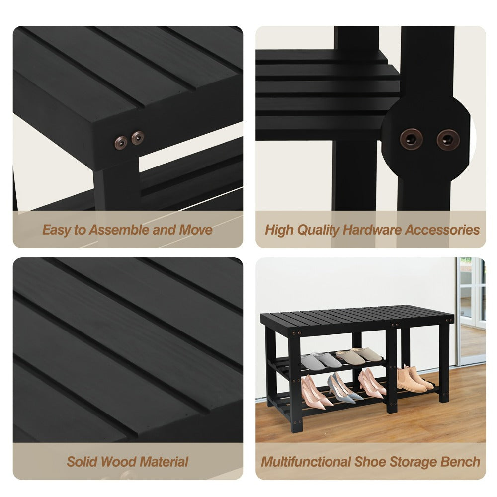 3-Tier Freestanding Shoe Bench with Solid Wood Construction and Open Shelves for Entryway detail image - detail view 7
