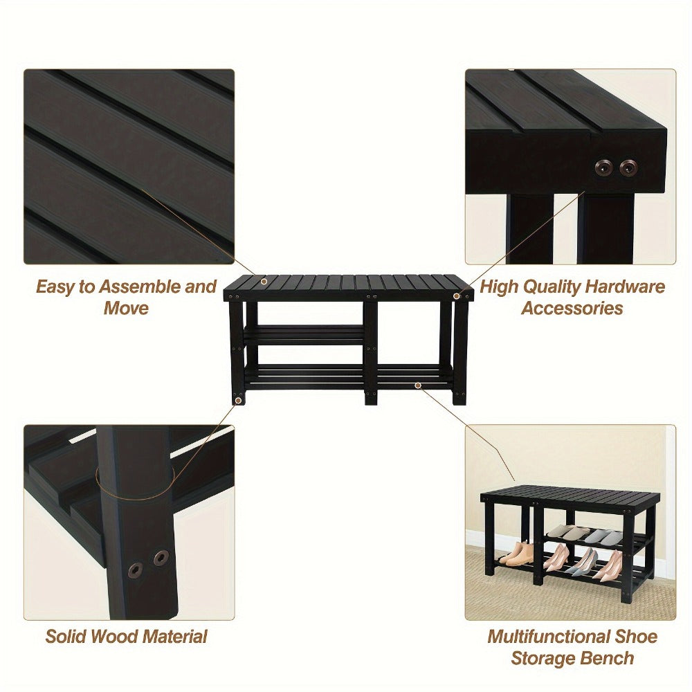 3-Tier Freestanding Shoe Bench with Solid Wood Construction and Open Shelves for Entryway detail image - detail view 8