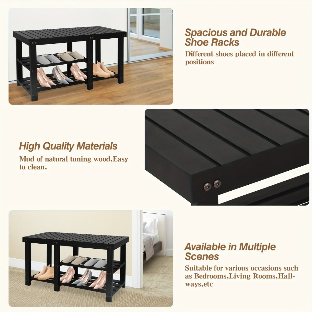3-Tier Freestanding Shoe Bench with Solid Wood Construction and Open Shelves for Entryway detail image - detail view 9
