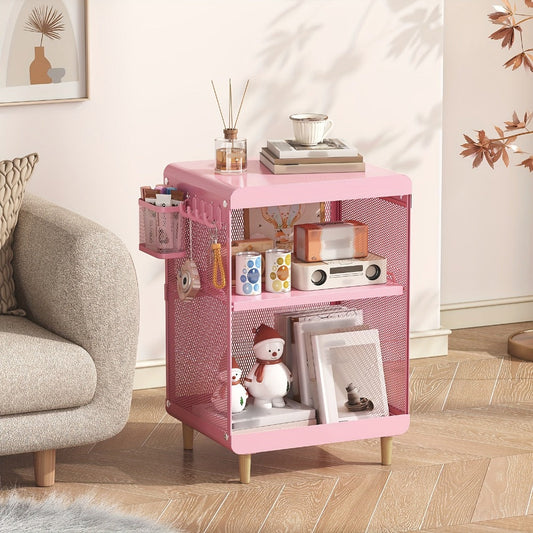 End Table, 3-Tier Metal with Hanging Basket & 4 Hooks - Nightstand Side Table for Bedroom shown in the main product view