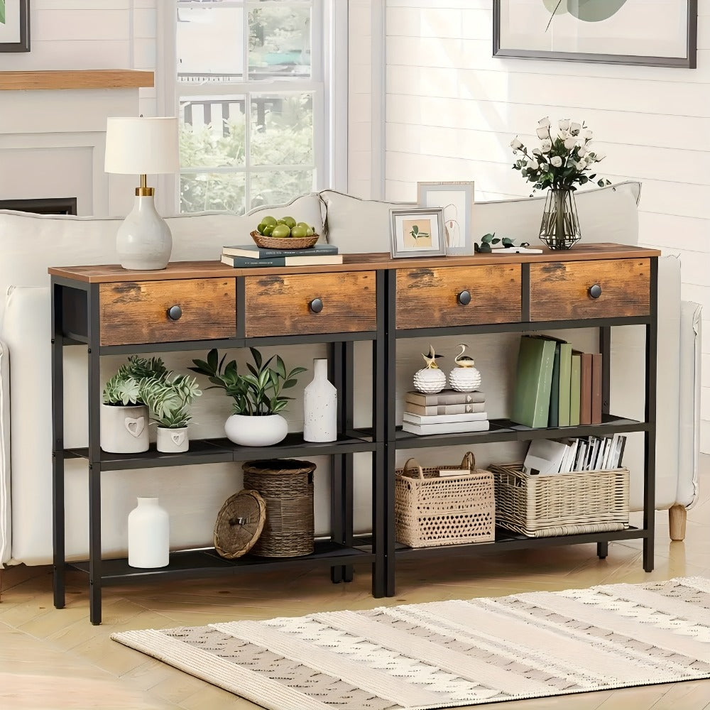 Console Table, Narrow 29.5 Inch with 2 Fabric Drawers & 3-Tier Storage Shelves, Rustic shown in the main product view