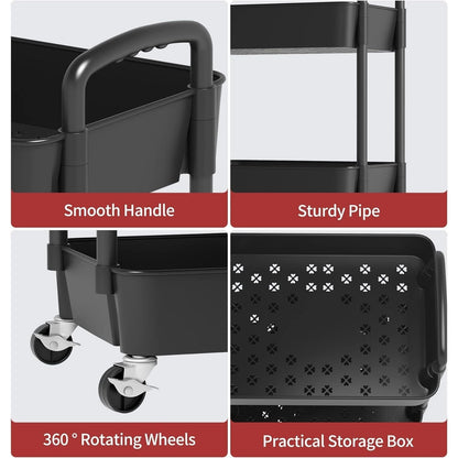 3-Tier Plastic Rolling Utility Cart with Carry Handle for Organized Everyday Storage detail image - detail view 15