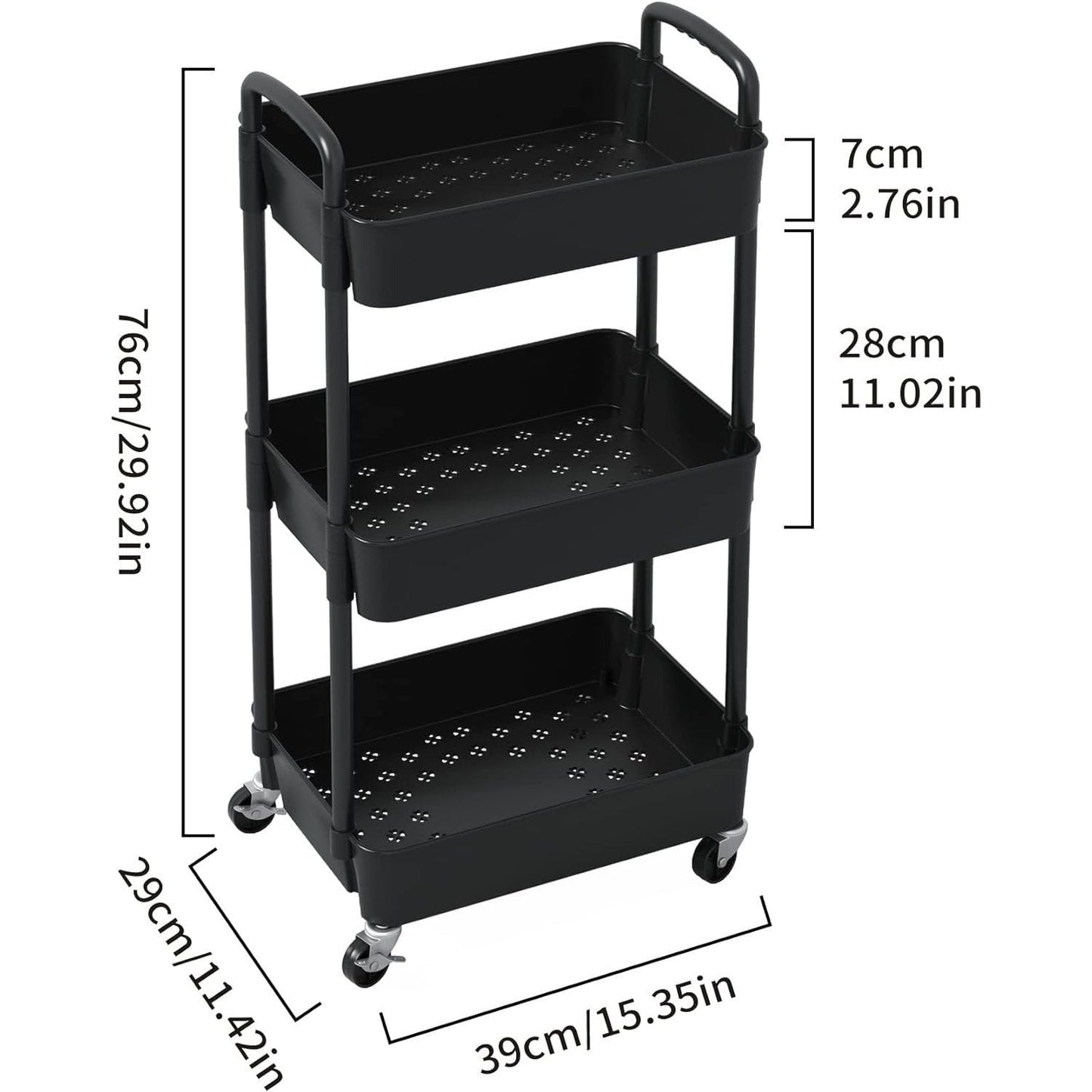 3-Tier Plastic Rolling Utility Cart with Carry Handle for Organized Everyday Storage detail image - detail view 16