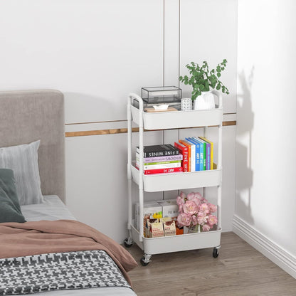 Rolling Utility Cart, 3 Tier with Handle and Wheels Plastic Storage Trolley Organizer shown in the main product view