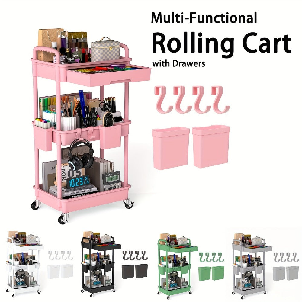 3-Tier Rolling Storage Cart with Storage Drawers and Locking Wheels for Living Room detail image - detail view 8