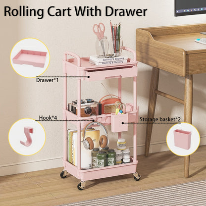 Rolling Storage Cart, 3-Tier Rolling Cart with Drawers Lockable Wheels Cup Holder Hooks shown in the main product view