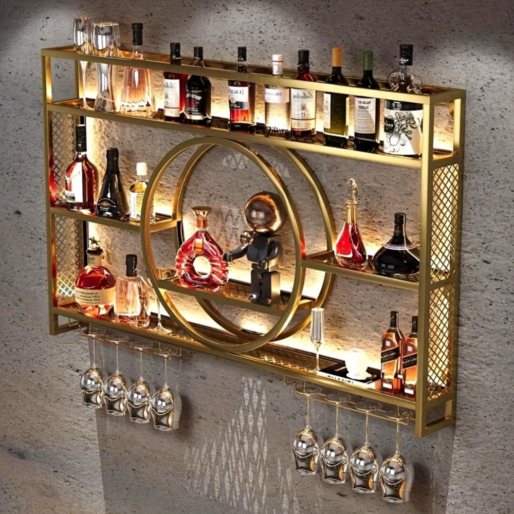 Wine Rack, Wall Mounted with LED Lighting, 3-Tier Floating Bottle & Glass Holder Shelf shown in the main product view