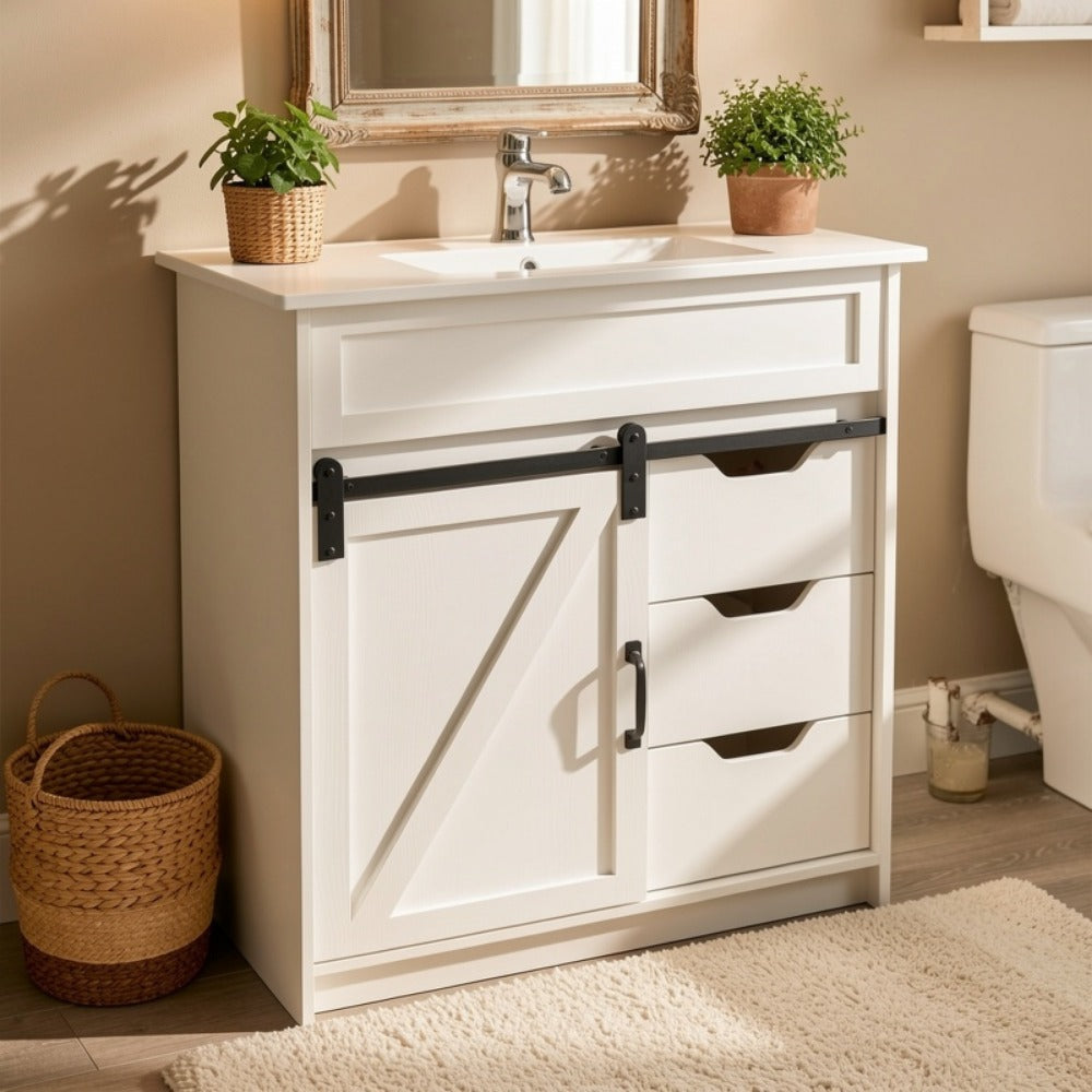 30-Inch Solid Wood Bathroom Vanity with Sliding Doors and Large-Capacity Storage detail image - detail view 10