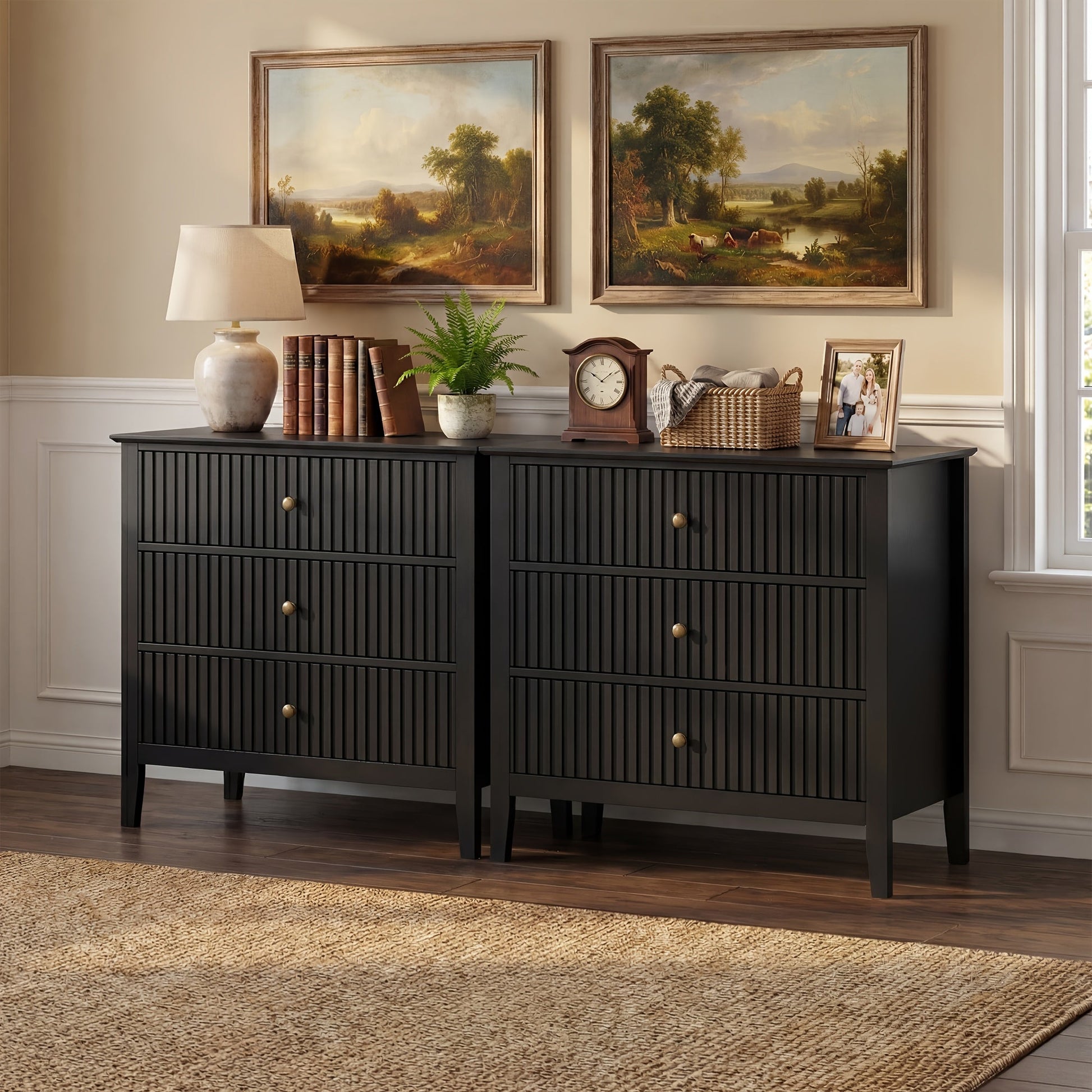 Nightstand shown in the Black, 3 storage compartment Dresser(Set of 2) option