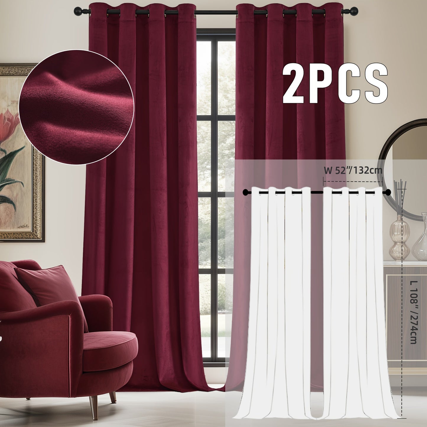 Velvet Room Darkening Curtains 2 Panels | Grommet Top Thermal Insulated Soundproof Blackout Curtains for Living Room Bedroom, Soft Solid Color Vintage Window Drapes