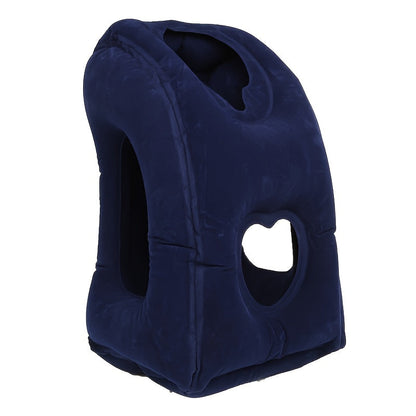 Inflatable Upright Travel Pillow with Face and Side Openings, Carry Bag and Blue, Black or Gray Color Options