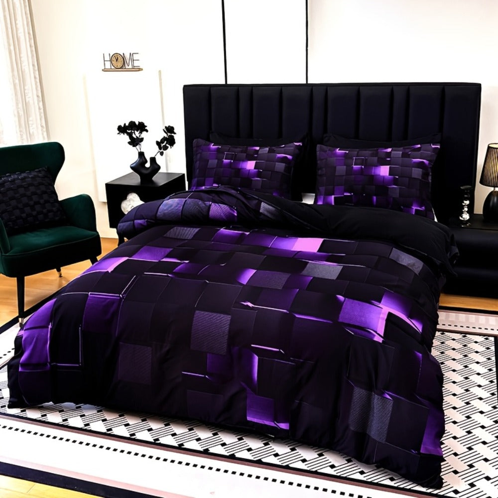 Three-Piece Plaid Duvet Cover Set with Two Pillowcases in Five Colors and Four Bed Sizes for Home and Everyday Use