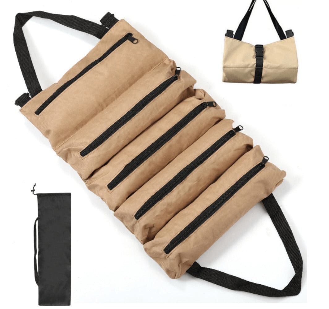 Collapsible Tool Roll Organizer Bag in Green or Black with Multiple Pockets and Carry Handles