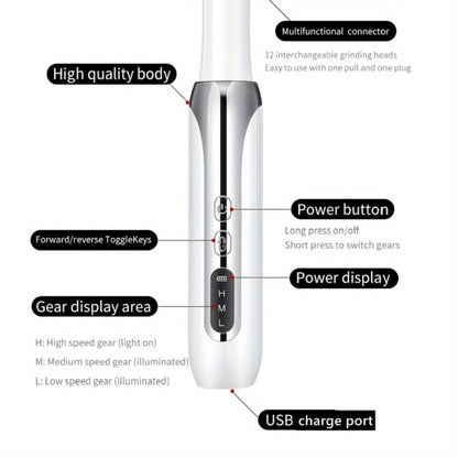 Electric Nail Drill Cordless USB Rechargeable Pen with Bit and Sanding Band Set in Gold or White