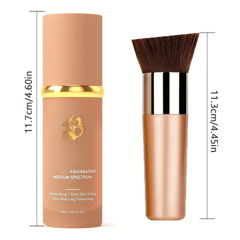 Color-Shifting Liquid Foundation and Flat-Top Brush Kit with Natural Finish and Buildable Coverage