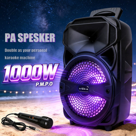 1000W Karaoke Machine with Wireless Bluetooth Party Speaker, 8-Inch Subwoofer, Loud Sound System, FM Radio, EQ Mode, Strobe Lights, Wired Microphone & Remote Control for Adults and Kids