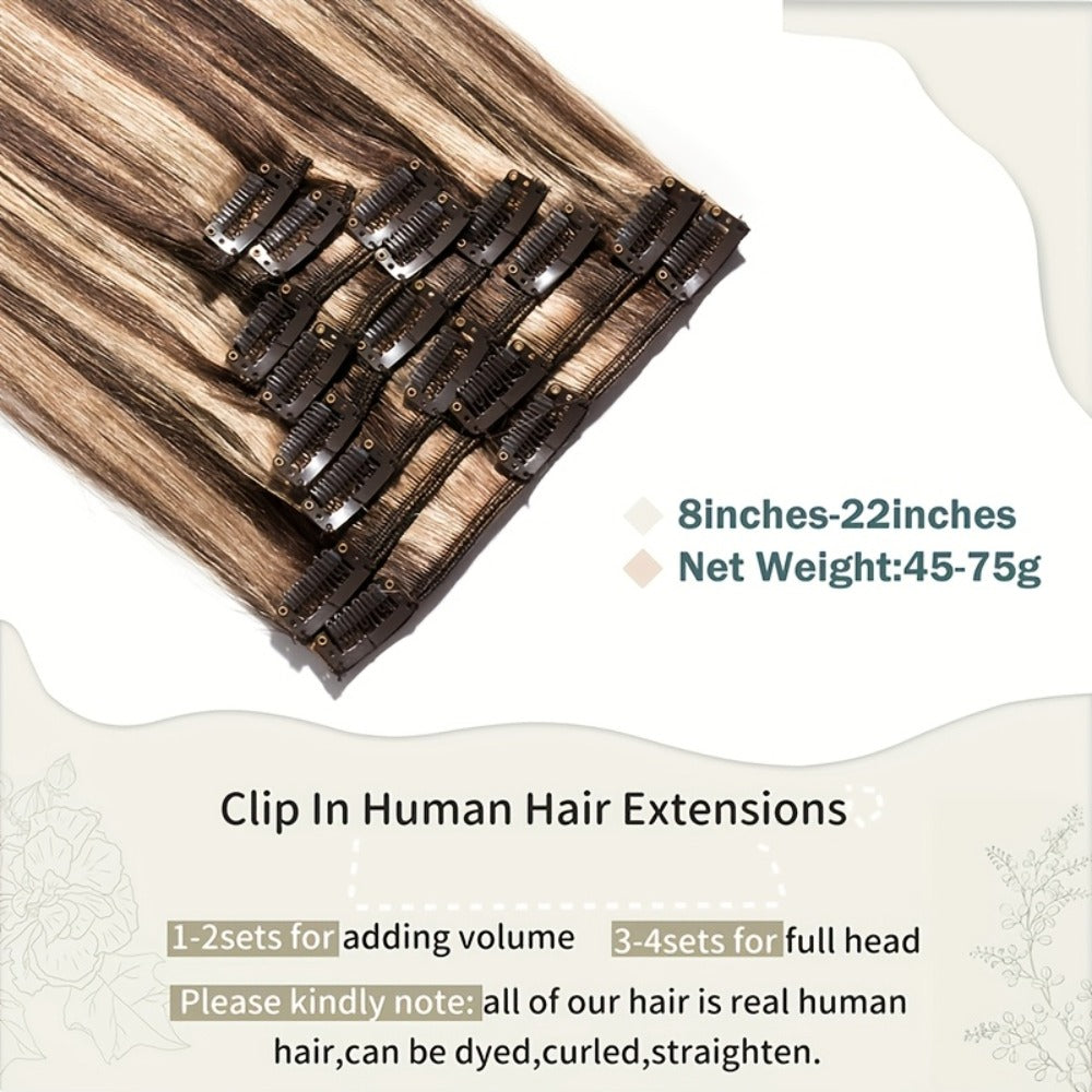 Hair Extensions Straight Remy Human Hair Clip-In Set with Eight Wefts, Highlighted Blonde Colors and 8–24-Inch Lengths