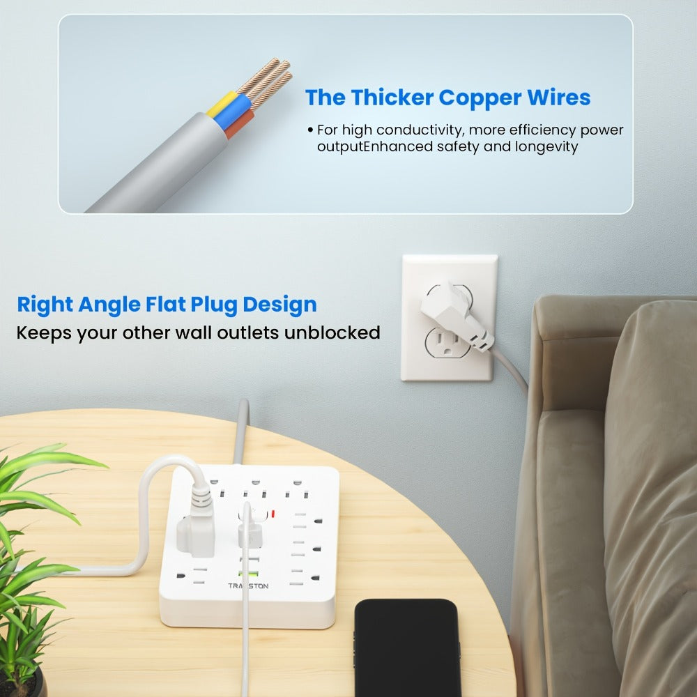 Power Strip 12-in-1 with 45-Degree Angled Plug, 9 AC Outlets, 3 USB-A Ports and 10-Foot Extension Cord
