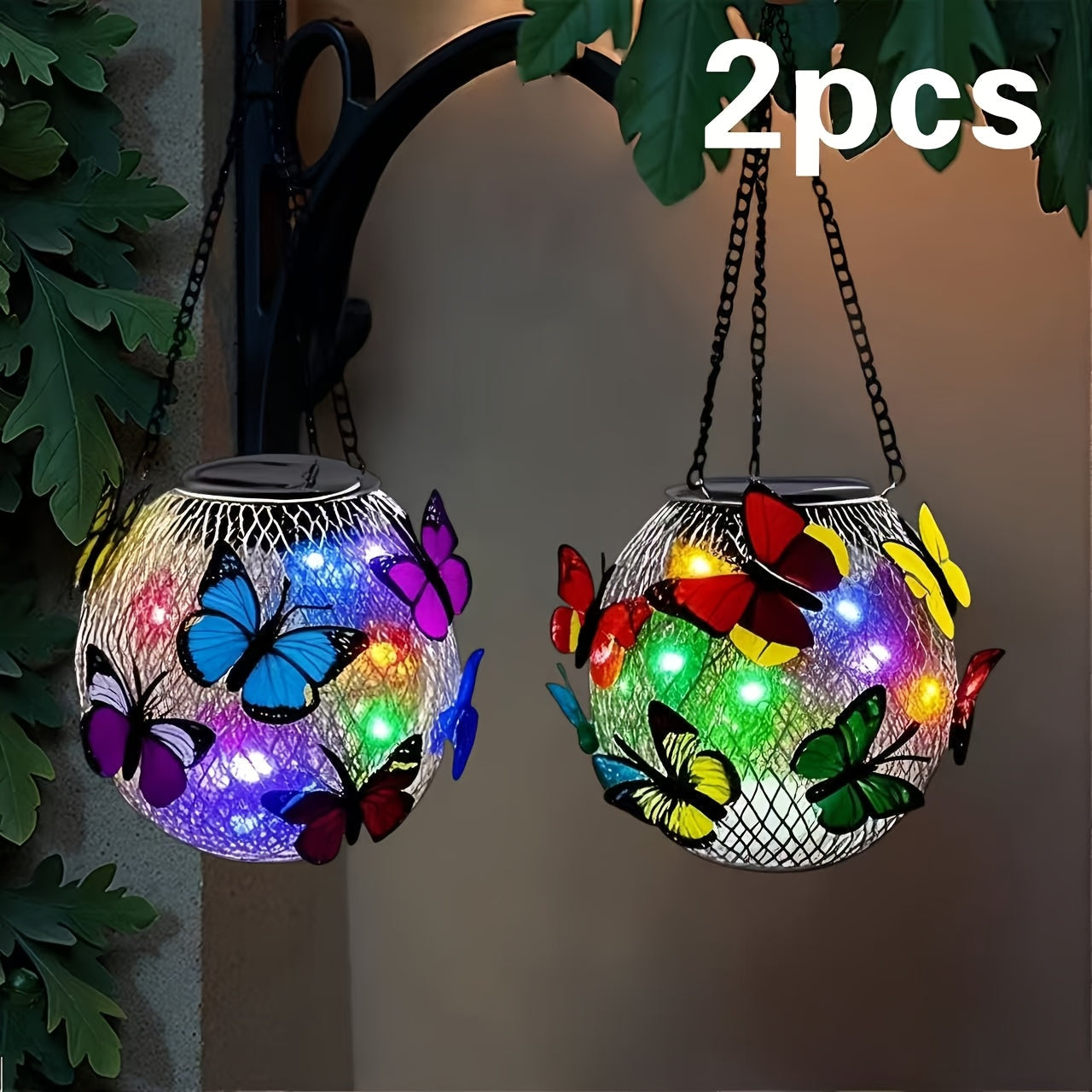 Solar Outdoor Lights 2-Pack Metal Butterfly Hanging Lanterns in Warm White or Multicolor for Porch Decor