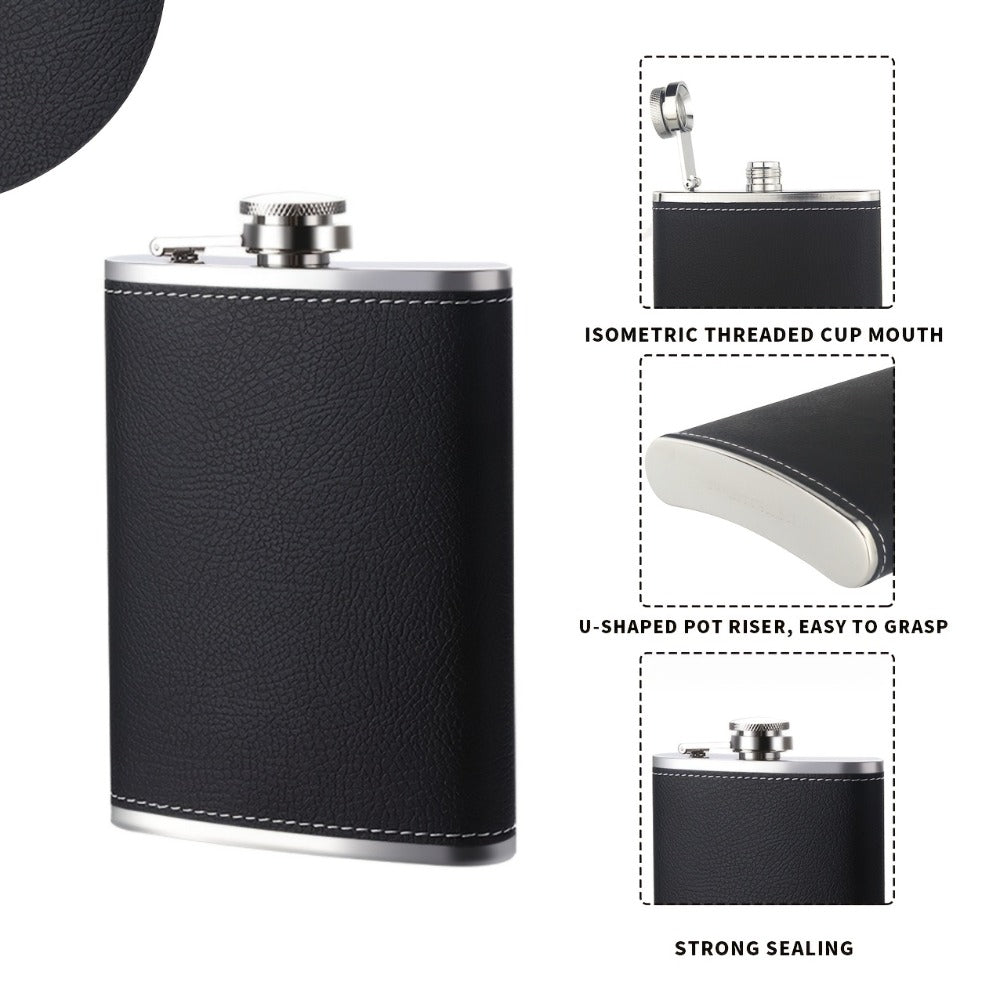 Black Gift-Box Flask Set with 8.1- and 3-Ounce Bottles, Cup, Filter and PU-Style Cover for Home and Everyday Use