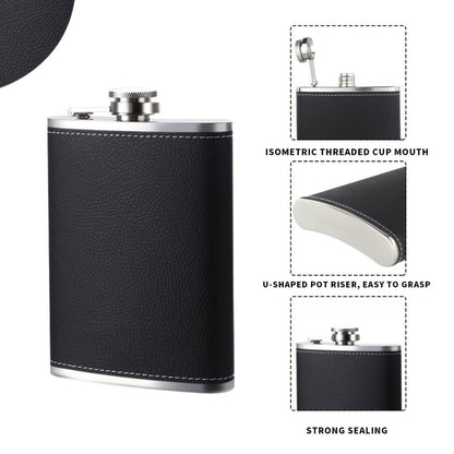 Black Gift-Box Flask Set with 8.1- and 3-Ounce Bottles, Cup, Filter and PU-Style Cover for Home and Everyday Use