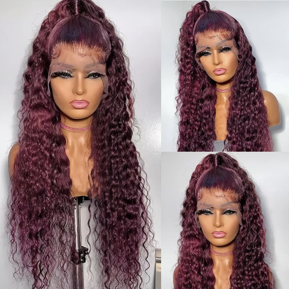 Lace Front Wig 200% Density HD Transparent Lace Curly Deep Wave 99J Burgundy Glueless Pre-Plucked Bleached Knots Natural Hairline Long Voluminous Women 32 Inch Undetectable