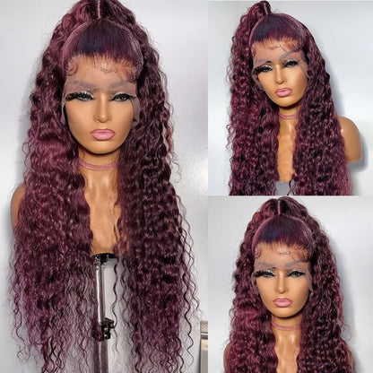 Lace Front Wig 200% Density HD Transparent Lace Curly Deep Wave 99J Burgundy Glueless Pre-Plucked Bleached Knots Natural Hairline Long Voluminous Women 32 Inch Undetectable