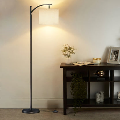 Black Arched Floor Lamp with Beige Drum Shade, Downward-Facing Light and Included 9W Three-Mode LED Bulb