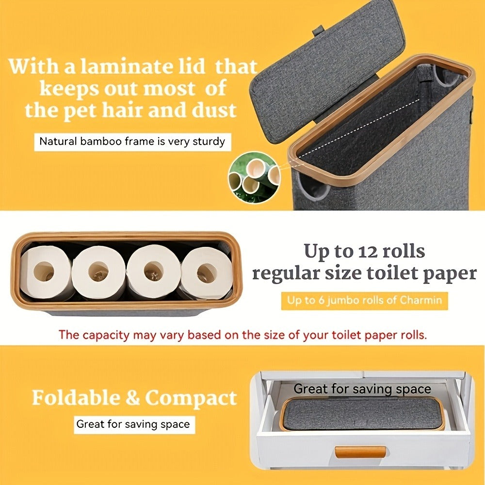 Lidded Toilet Paper Storage Basket with Bamboo-Style Rim in Five Color and Accessory Configurations