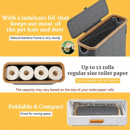 Lidded Toilet Paper Storage Basket with Bamboo-Style Rim in Five Color and Accessory Configurations