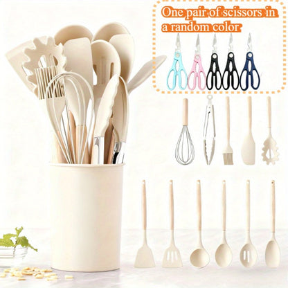 13-Piece Silicone Kitchen Utensil Set with Wooden Handles, Storage Holder and Khaki or Dark Gray Colors
