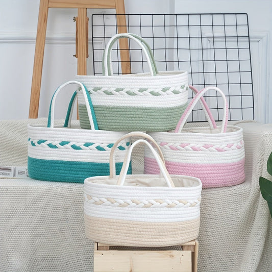 Boho Rope Storage Basket Woven Foldable Organizer 14" Large Capacity - Removable Lining Striped Shelf Basket with Handle for Home Bedroom Living Room Laundry Decor
