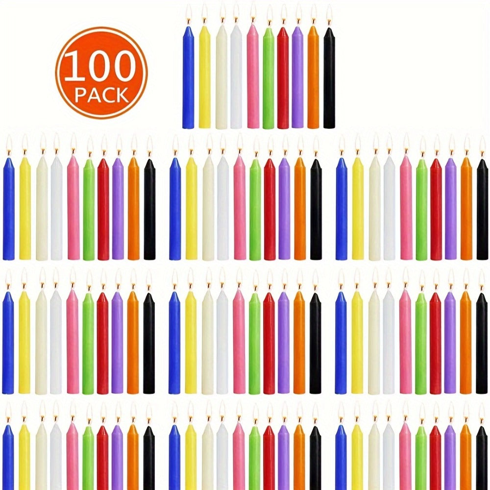 Assorted Color Soy Wax Taper Candle Set with 100 Compact 4-Inch Candles in Straight Form and Boxed Package