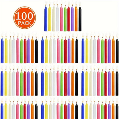 Assorted Color Soy Wax Taper Candle Set with 100 Compact 4-Inch Candles in Straight Form and Boxed Package