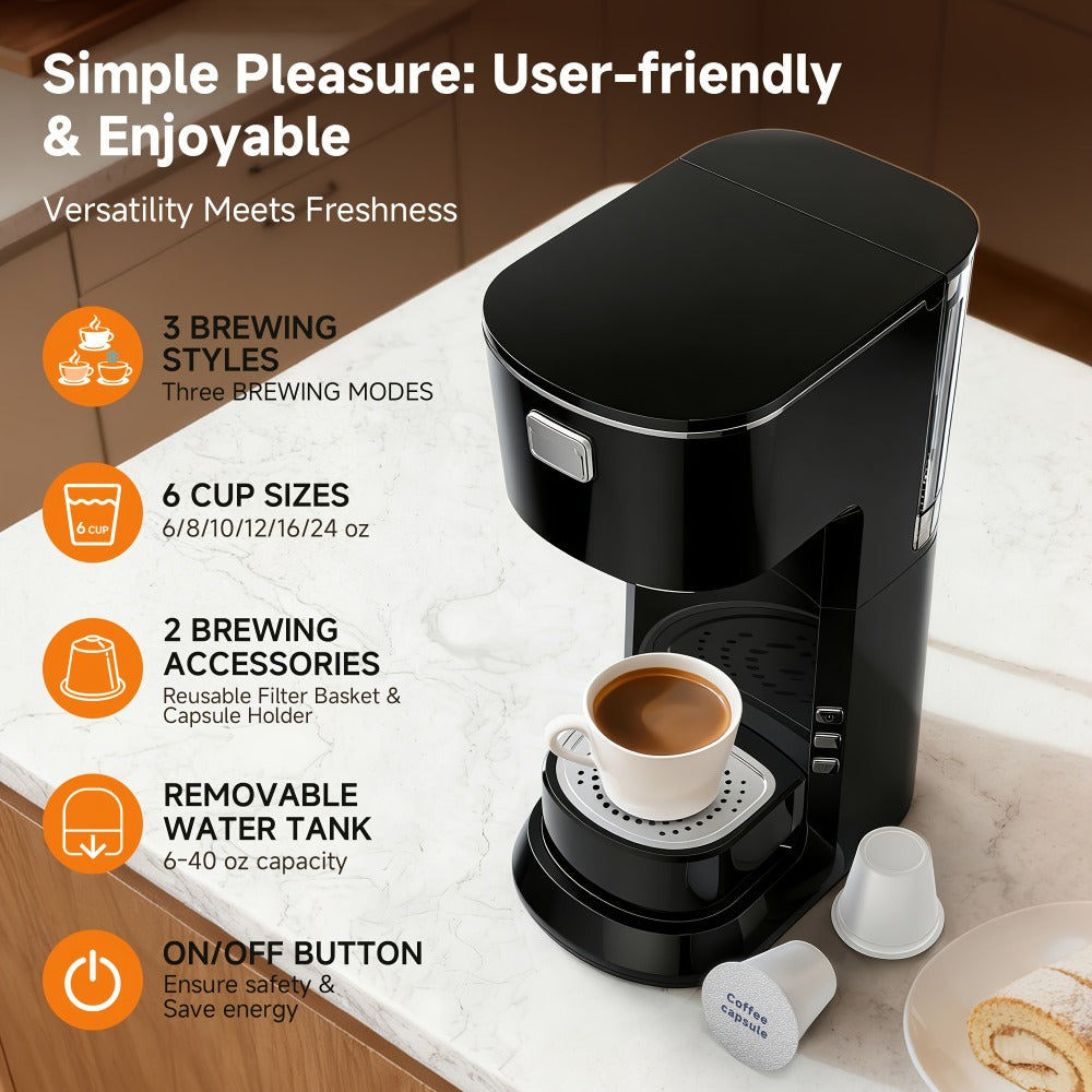 Compact Single-Serve Coffee Maker for Pods or Grounds with One-Button Control and Black or White Finish