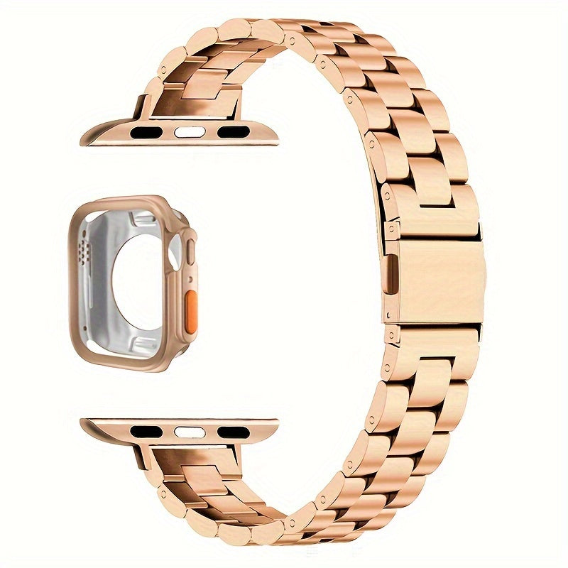 Slim Waist Apple Watch Steel Band & Half Shell Case 3-Piece Set – 2 Stainless Steel Bands + Protective Case Compatible with Apple Watch Series 1–9 SE Ultra 38 40 41 42 44 45 49mm – Gold Silver Rose Black