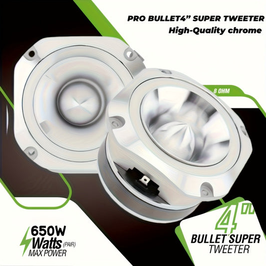 4 Inch Bullet Tweeter 600W Aluminum Frame – 6 Ohm Chrome HiFi Super Tweeter for Car Audio System, Stereo High-Frequency Speaker, Universal Automotive Fit