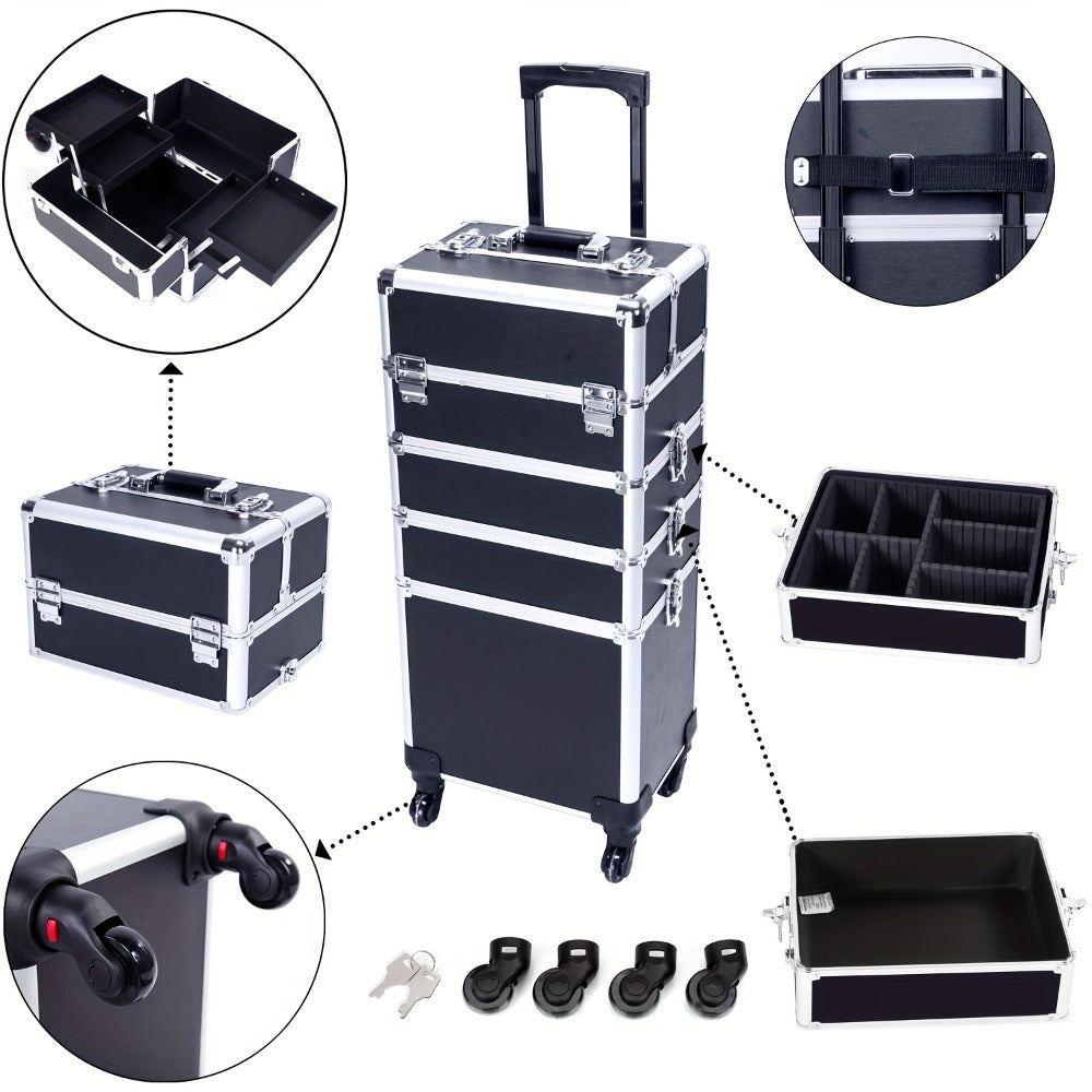 Four-in-One Rolling Makeup Case with Aluminum Frame, Swivel Wheels and Black, Pink or Silver Options