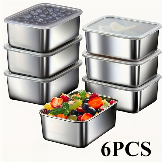 Food Storage Containers Six-Piece Stainless Steel Square Set with Secure Lids for Fridge and Dishwasher Use