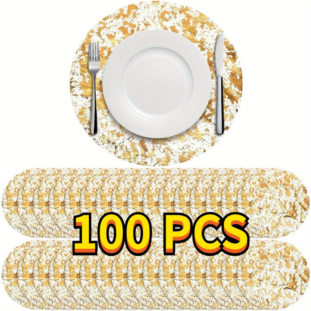 Round Golden Foil Placemats in 50- or 100-Piece Sets with 11-Inch Mesh Design for Party Tables