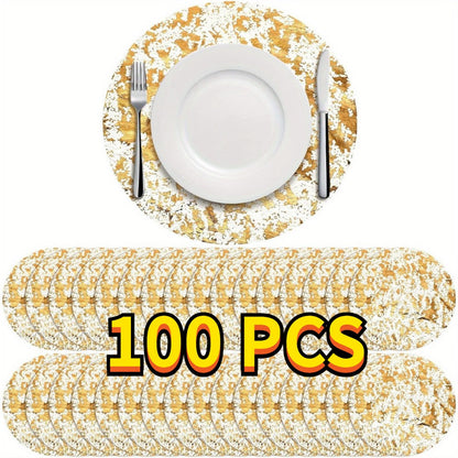 Round Golden Foil Placemats in 50- or 100-Piece Sets with 11-Inch Mesh Design for Party Tables