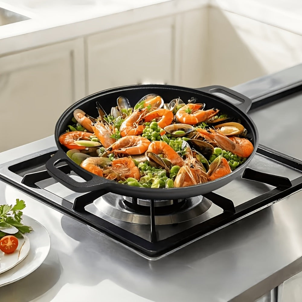 28cm Cast Iron Skillet with Dual Loop Handles and Broad Round Cooking Surface for Oven, Grill or Campfire Use
