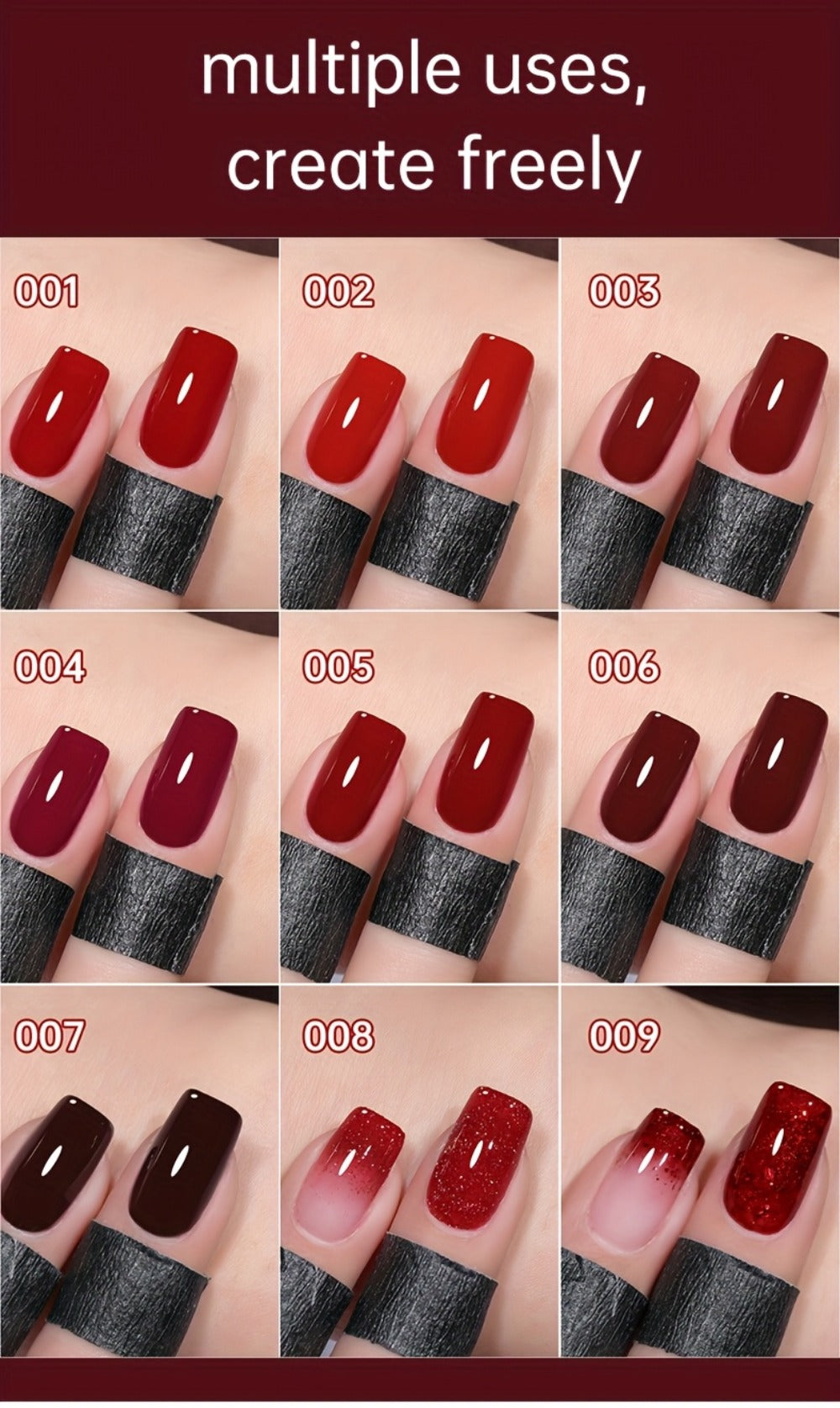 Gradient Gel Nail Polish Set 9pcs Ancola Red Collection – High Saturation Solid Gel, Shiny Gloss Finish, LED Curable Multifunctional Nail Gel | Spring Summer Ombre DIY Manicure Kit for Women