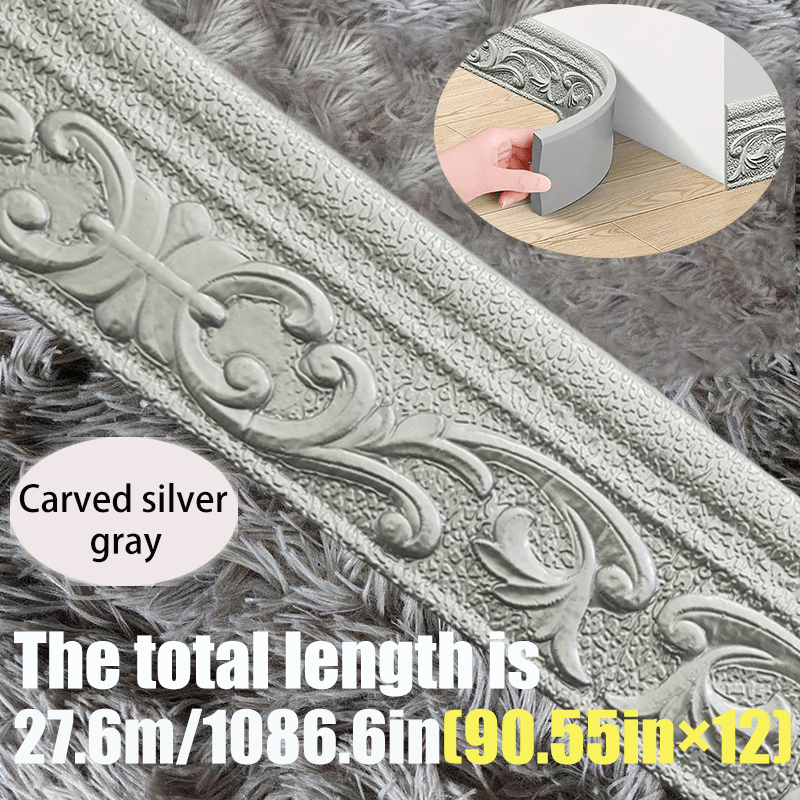 Carved Foam Baseboard Wall Trim Sticker in White, Silver Gray, Copper or Golden, Available in 4, 8 or 12 Rolls